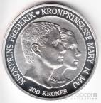 Дания 200 крон 2004 Свадьба Фредерика и Мэри (серебро)