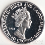 Теркс и Кайкос 20 крон 1993 Программа Аполлон 11 №1 (серебро)