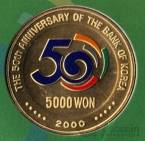 Республика Корея 5000 вон 2000 50 лет банку (блистер)