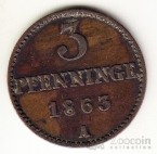 Германия - Мекленбург-Шверин 3 пфеннига 1863 А