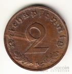 Германия 2 пфеннига 1937 D