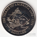 Острова Кука 5 долларов 1991 500 лет открытия Америки Х. Колумбом